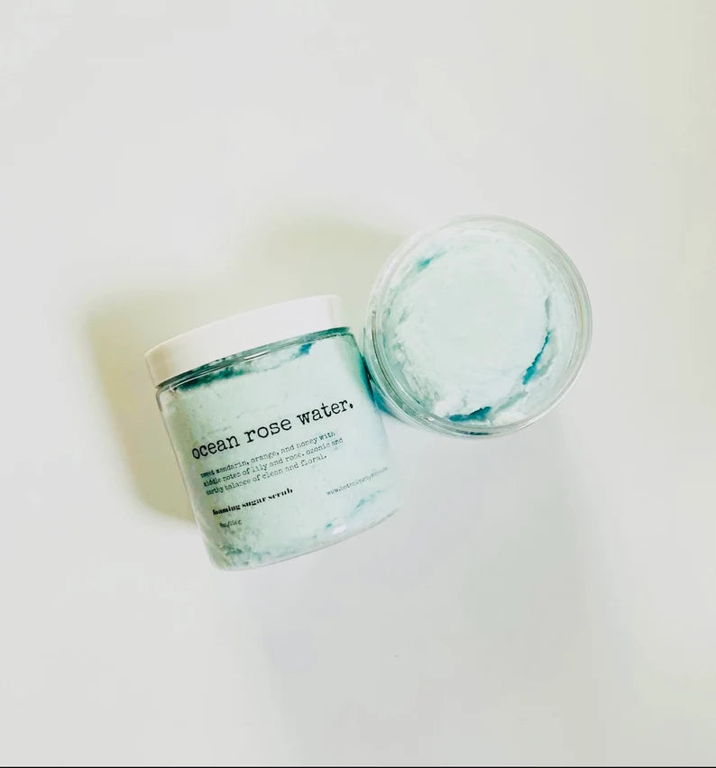 Ocean Rosewater Foaming Sugar Scrub: Shea Butter Exfoliating Scrub (8oz)
