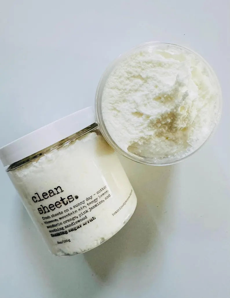 Clean Sheets Foaming Sugar Scrub: Shea Butter Coconut Oil (8oz)